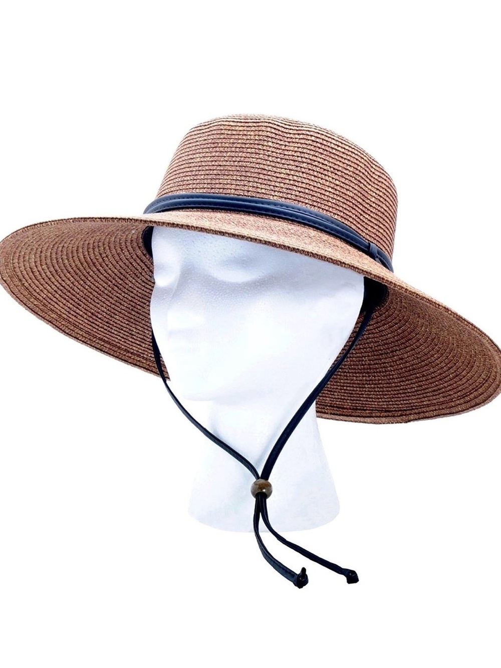 Wide Brim Straw Sun Hat with Chin Strap - Brown